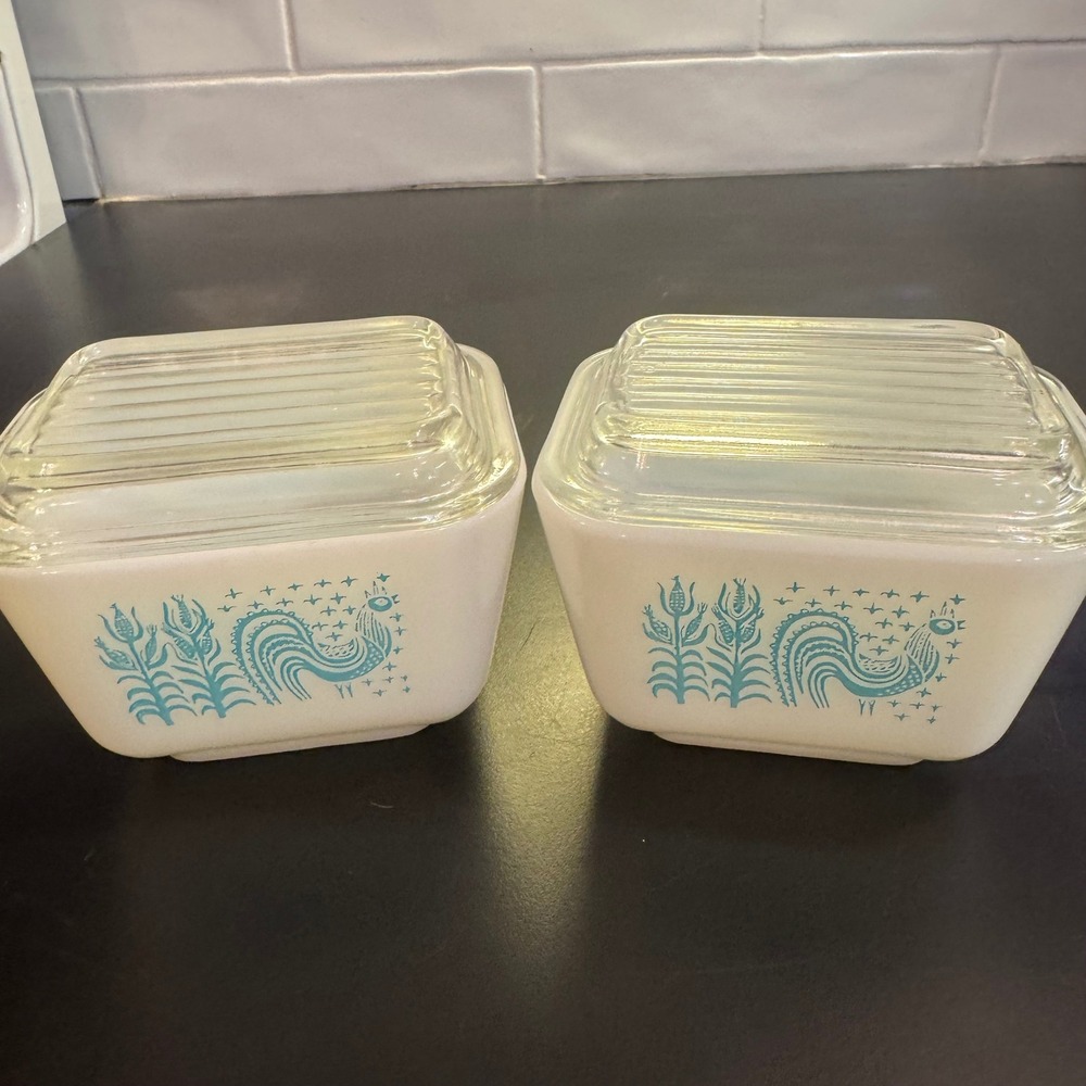Pyrex Refrigerator Dish Set 501 Turquoise Butterprint White Milk Glass Vintage